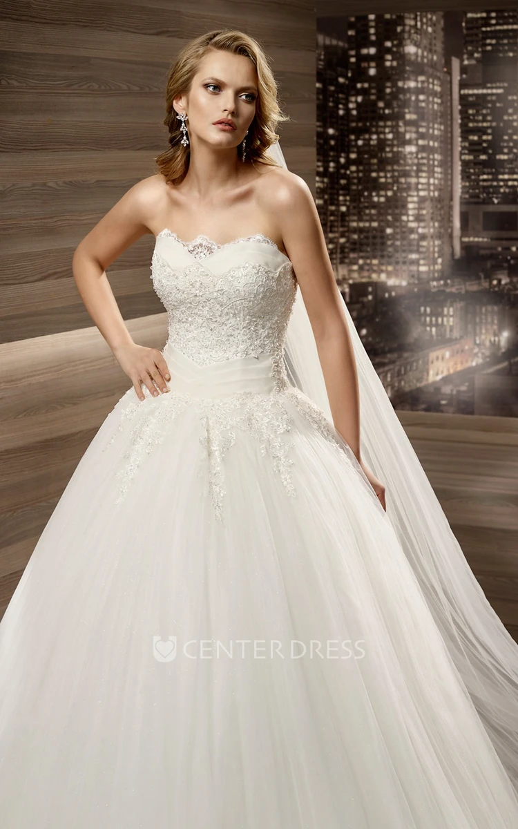 Strapless Appliques A-Line Bridal Gown With Pleated Waist And Lace-Up Back