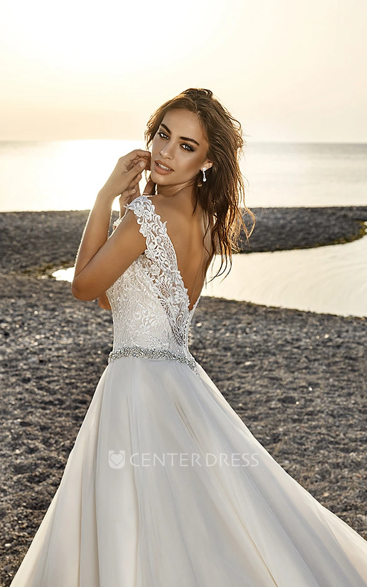 A-Line Scoop-Neck Floor-Length Appliqued Sleeveless Wedding Dress With Waist Jewellery