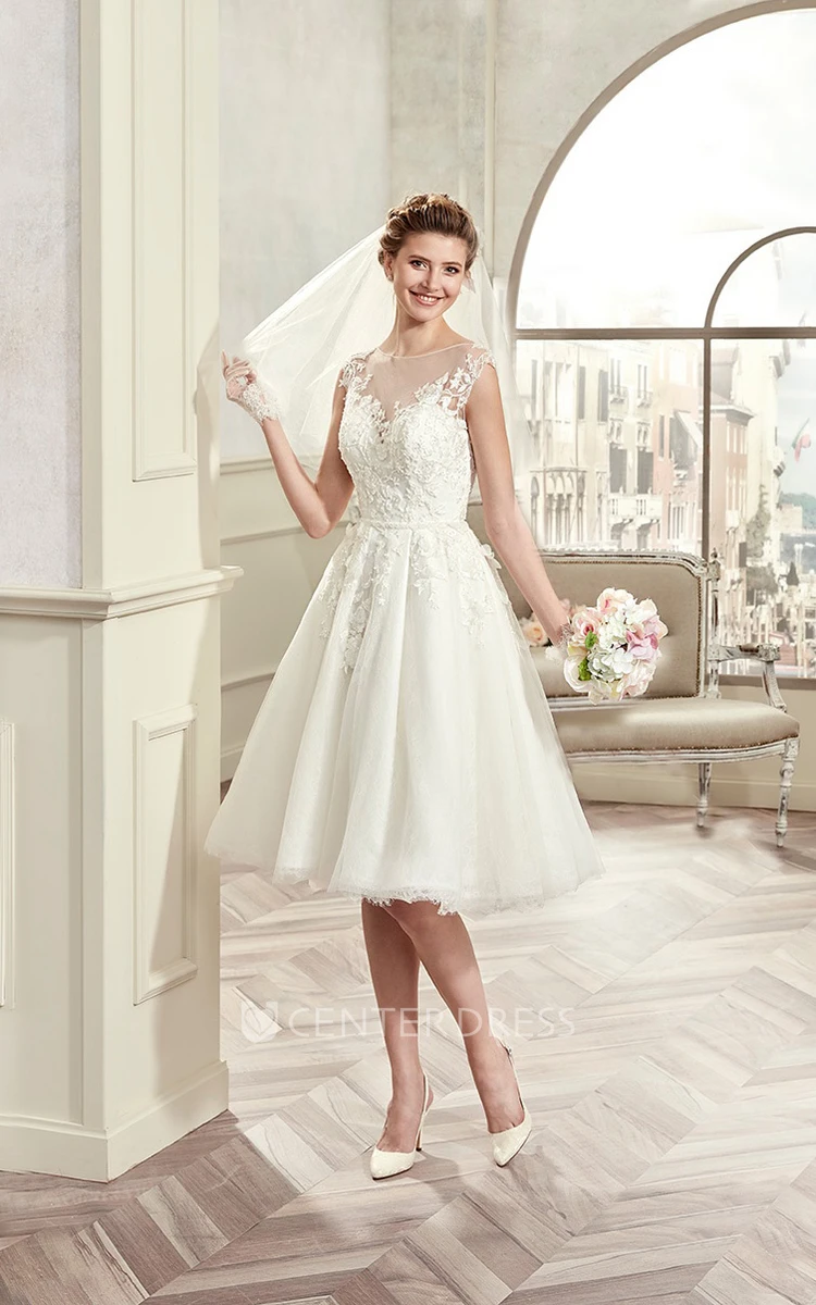 Cap-sleeve Knee-length Wedding Gown with Illusive Design and Lace Bodice