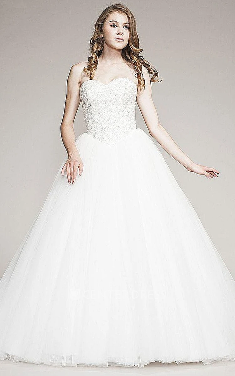 Ball Gown Cap-Sleeve Floor-Length Tulle Wedding Dress With Beading And Corset Back