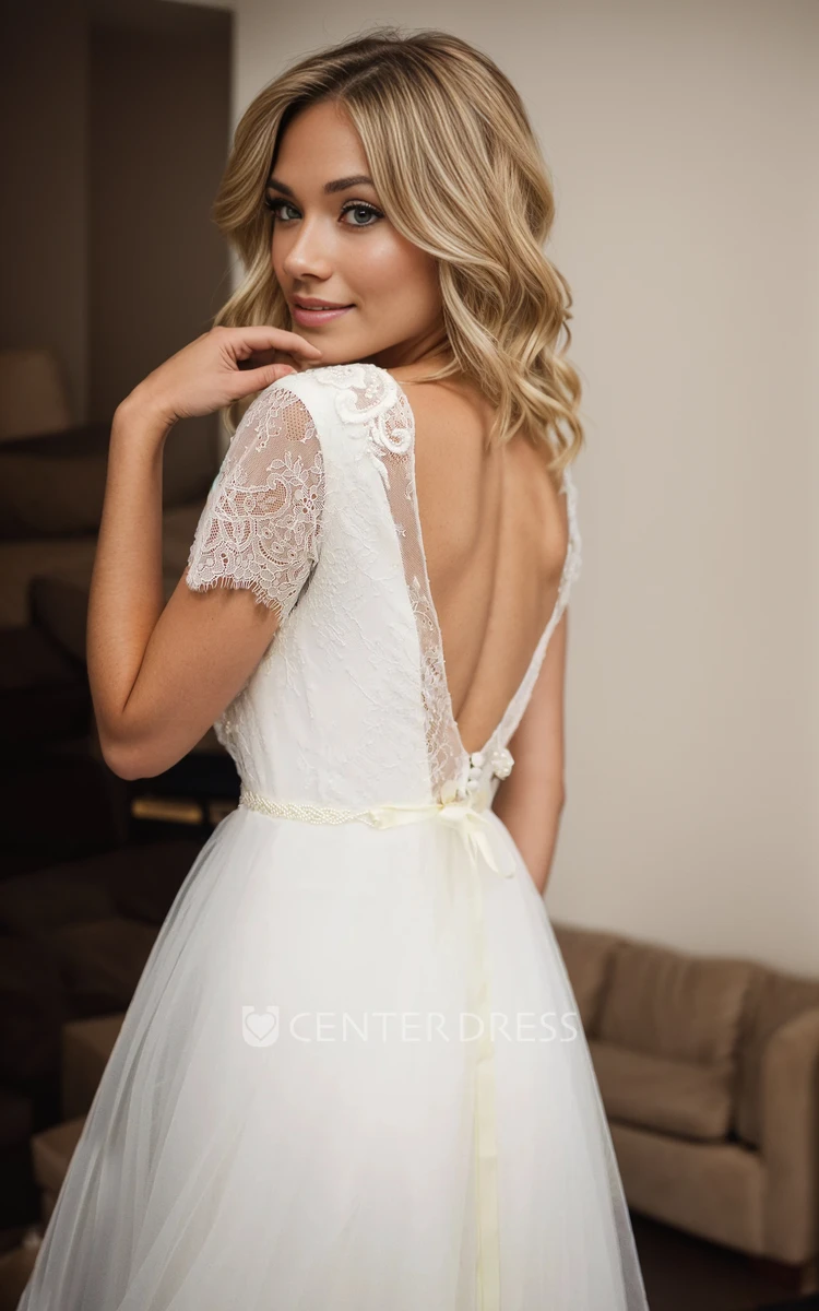 Floral Flowing Boho Lace A-Line Short Sleeve Wedding Dress Simple Casual Tulle Short Sleeve Deep-V Back Bridal Gown