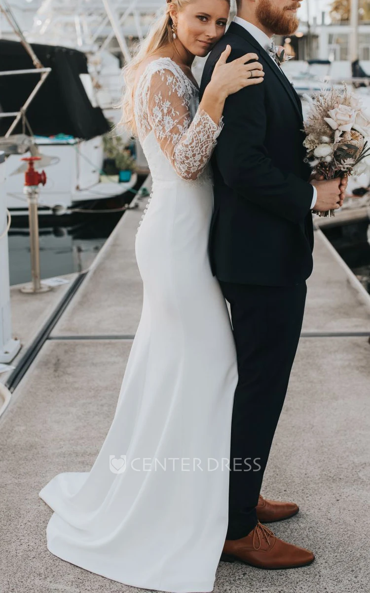 Romantic Long Sleeve Lace Satin Sheath V-neck Floor-length Sweep Train Wedding Dress
