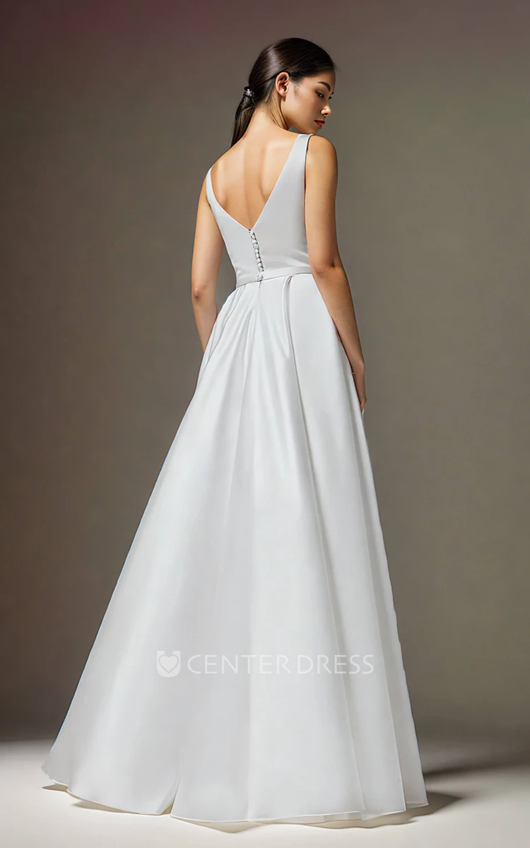 Vintage Simple Square Neck Straps A-Line Satin Wedding Dress Solid Elegant Reception Sleeveless Floor-length V Back Straps Bridal Gown with Sash