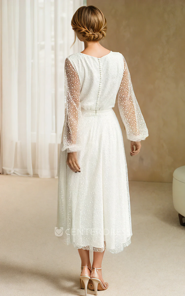 Long Sleeve A-Line V-neck Tea-length Vintage Simple Petite Adorable Wedding Dress with Button Back Sash