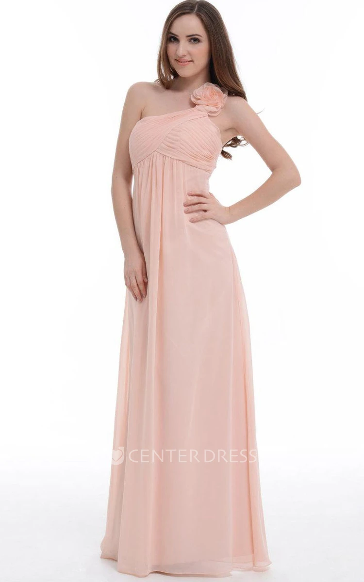 A-line Floor-length One-shoulder Chiffon Dress With Flower&Ruffles