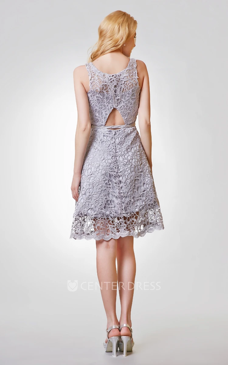 Sleeveless Short A-line Lace Dress With Keyhole