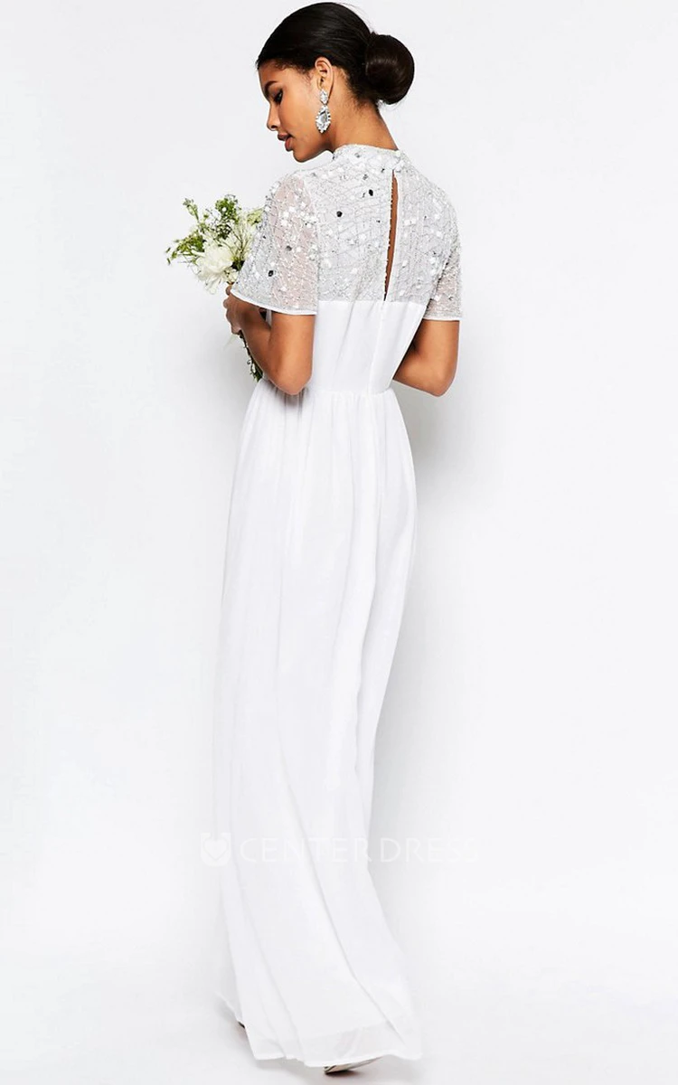 Sheath Floor-Length High Neck Short-Sleeve Chiffon Wedding Dress With Sequins