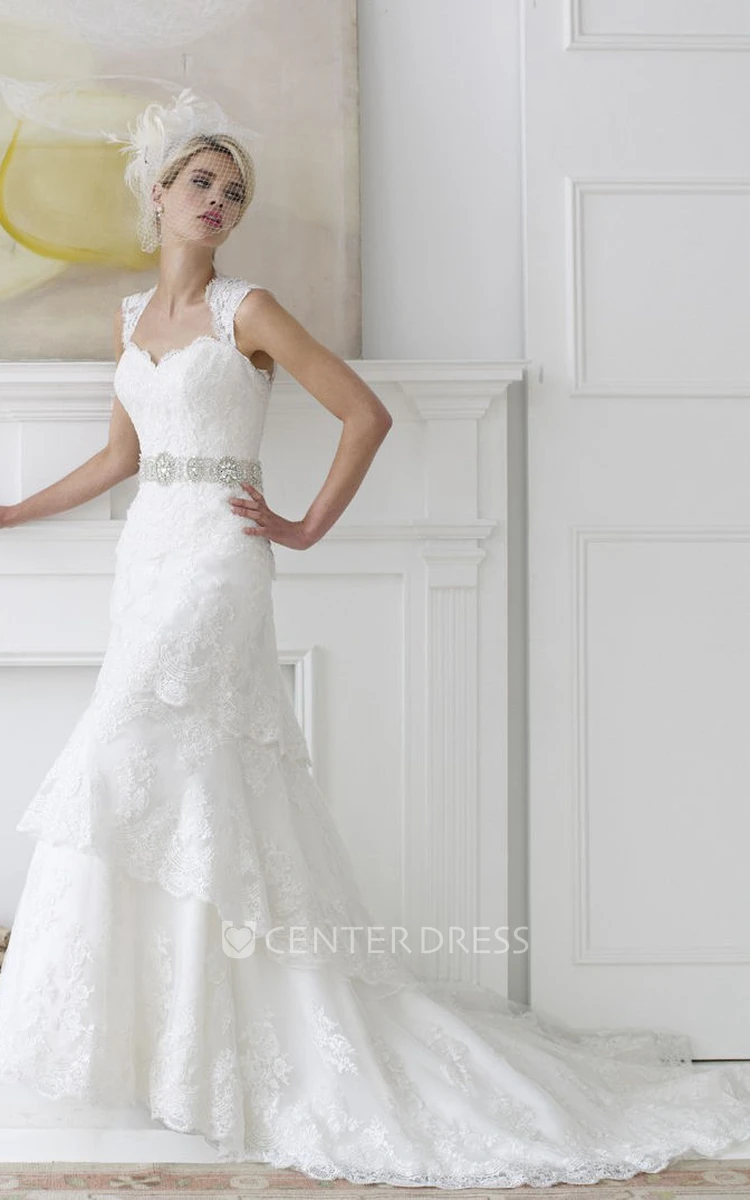 Long Sweetheart Tiered Cap-Sleeve Lace Wedding Dress With Court Train And Keyhole
