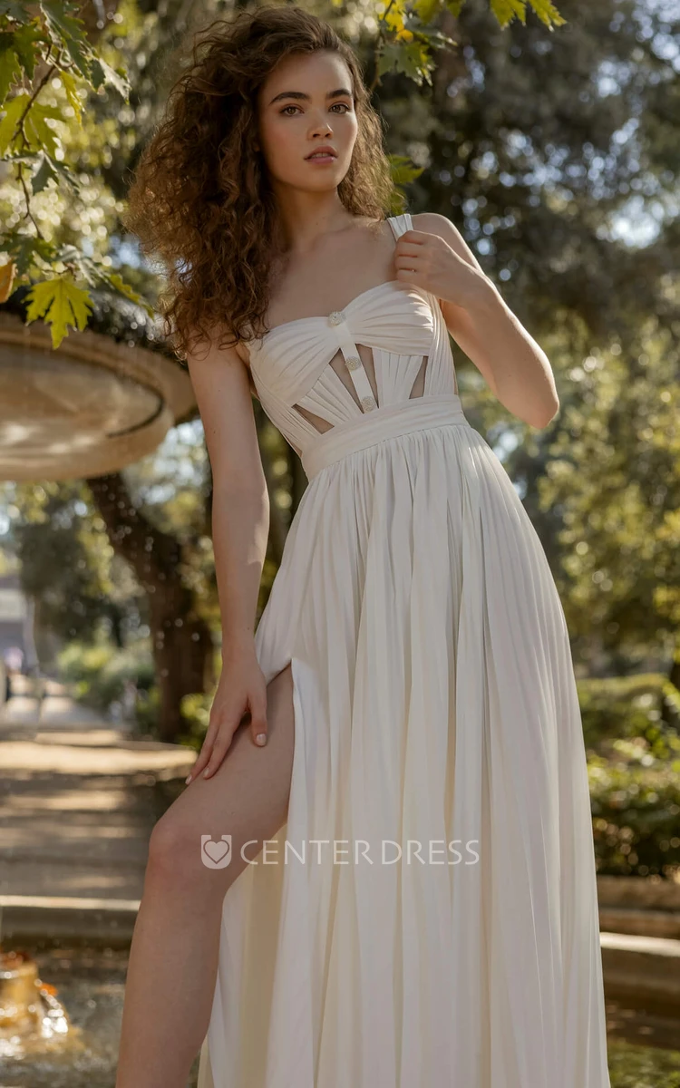 Simple Sexy Straps Satin Pleated Long Dress with Flowing Train