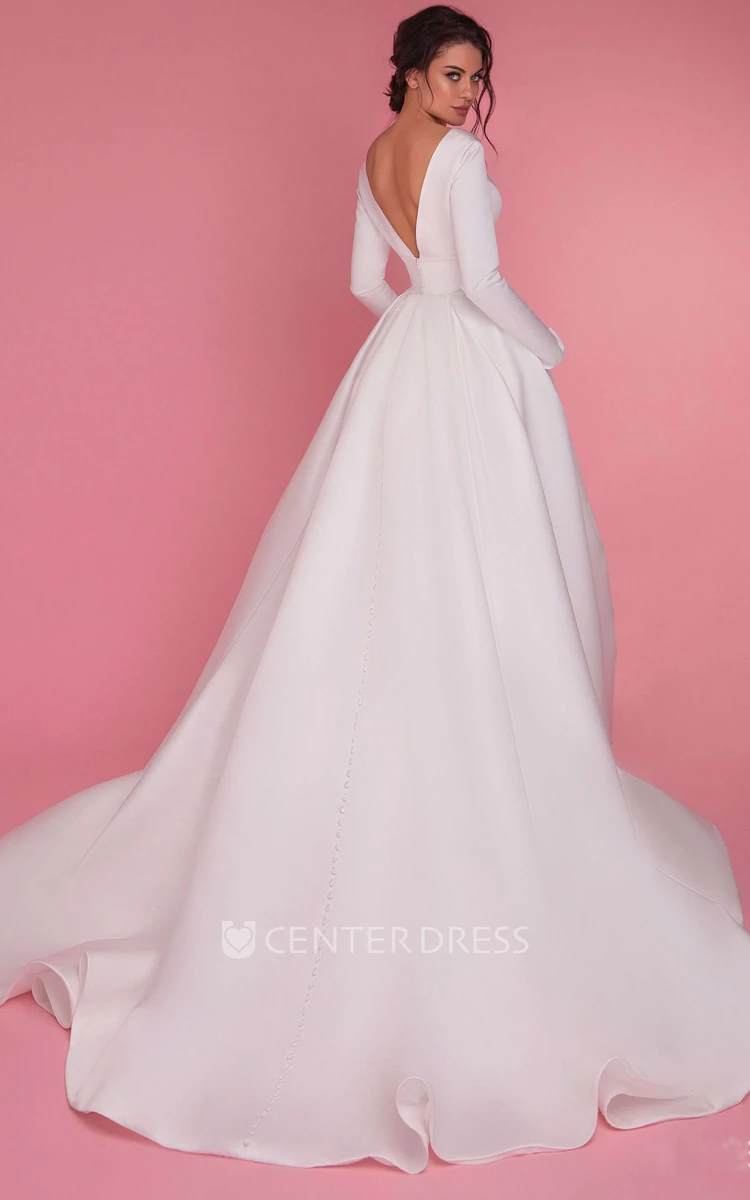 Modern Ball Gown Long Sleeve Brush Train Satin Low-V Back Wedding Dress with Split Front
