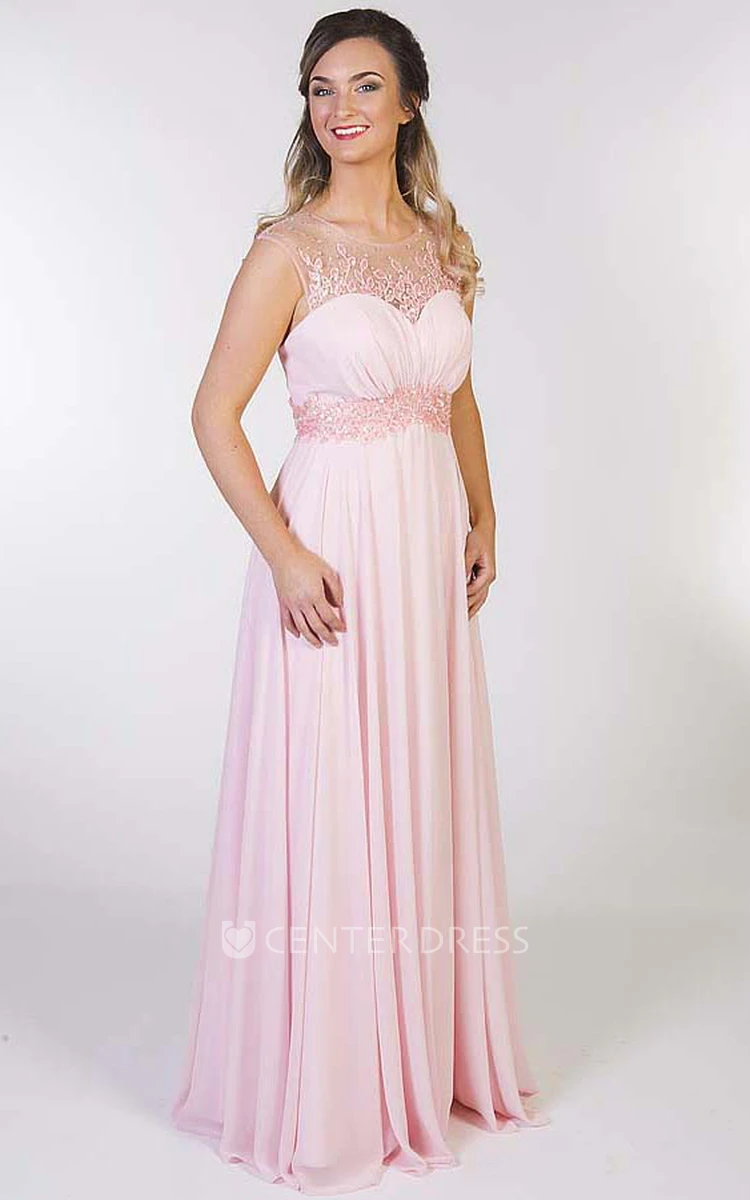 A-Line Floor-Length Scoop Cap-Sleeve Appliqued Chiffon Prom Dress With Keyhole Back And Pleats