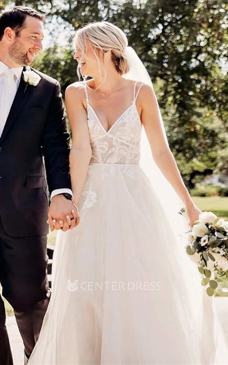 Casual A-Line V-neck Tulle Floor-length Wedding Dress with Appliques