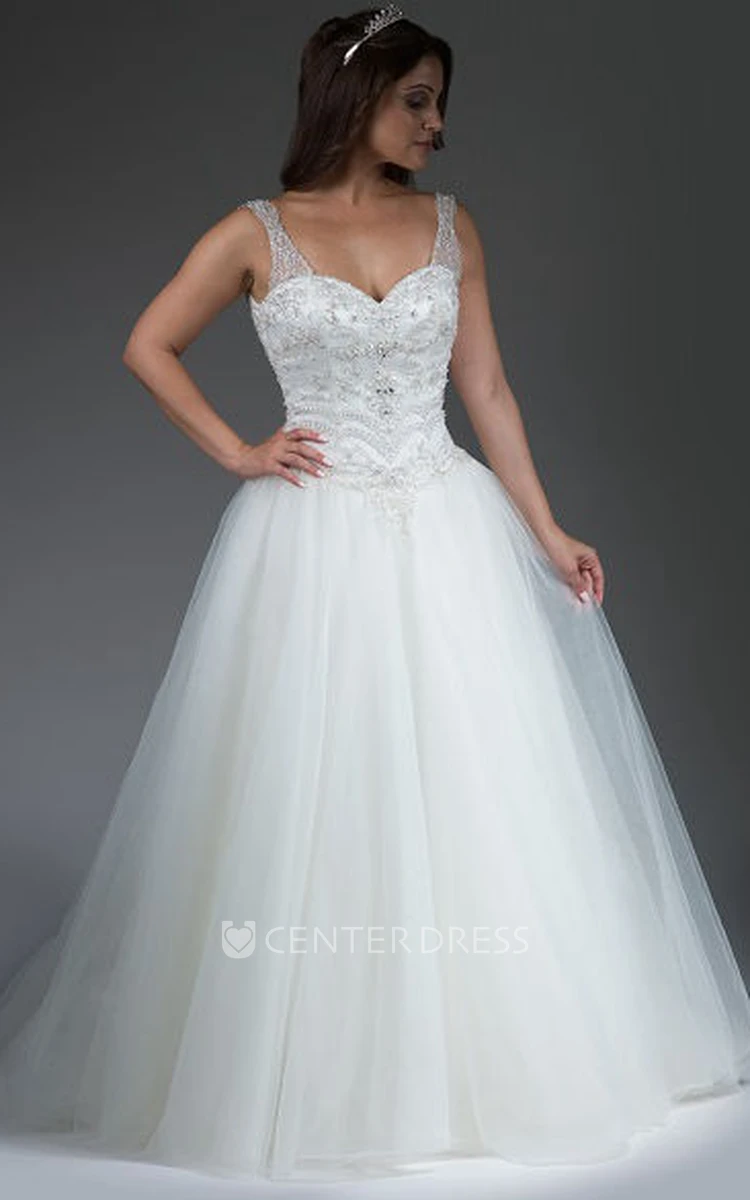 Beading Straps Crystal Top Tulle Bridal Ball Gown With Open Back