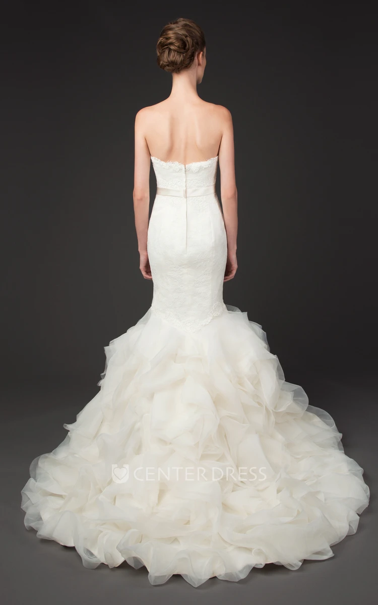 Trumpet Long Sweetheart Tulle&Lace Wedding Dress With Ruffles And Zipper