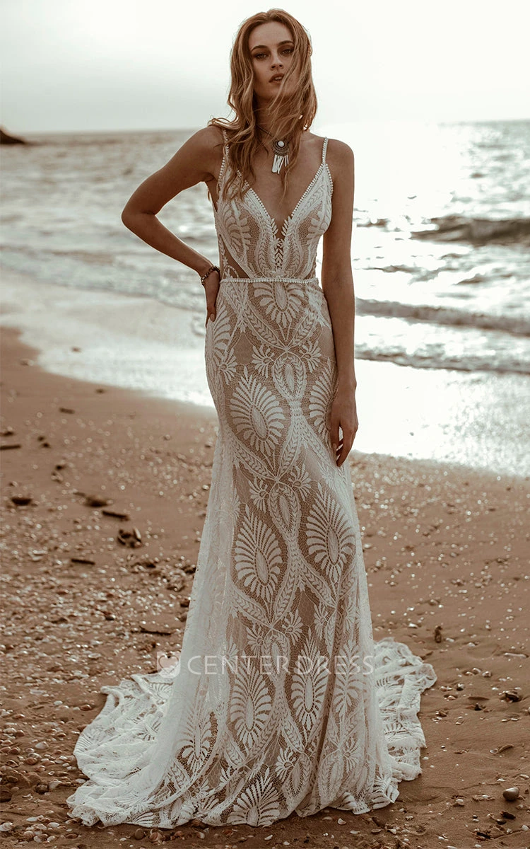 Graceful Charming Beach Mermaid Boho Lace Wedding Dress Sexy Elopement Spaghetti Strap Plunging Gown