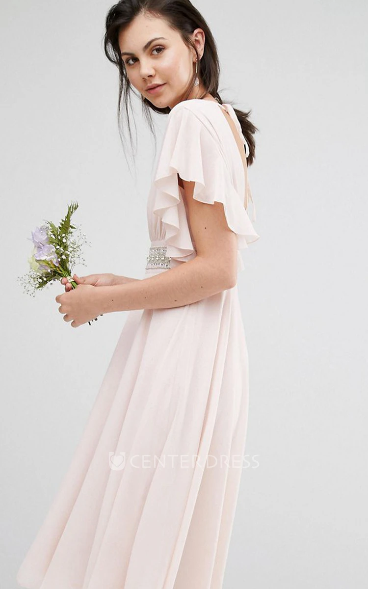 Knee-Length A-Line V-Neck Poet Sleeve Ruched Chiffon Bridesmaid Dress