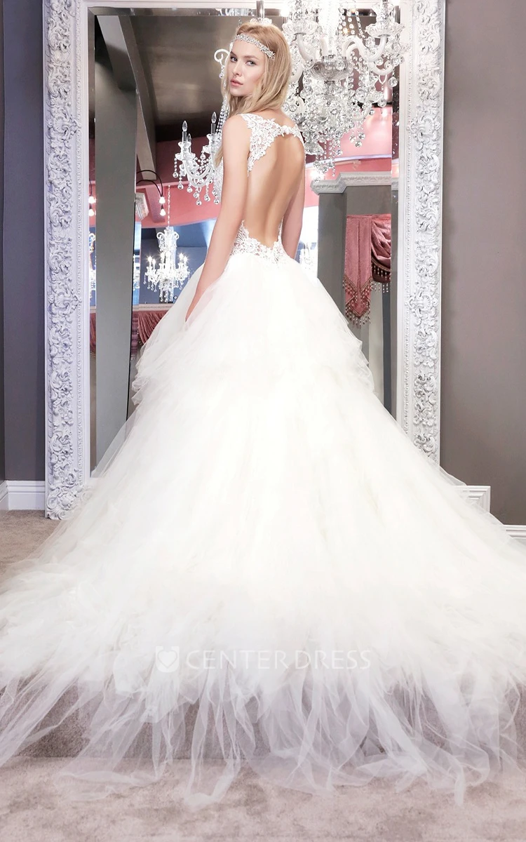 Ball-Gown Lace Long V-Neck Sleeveless Tulle Wedding Dress With Backless Style And Ruffles