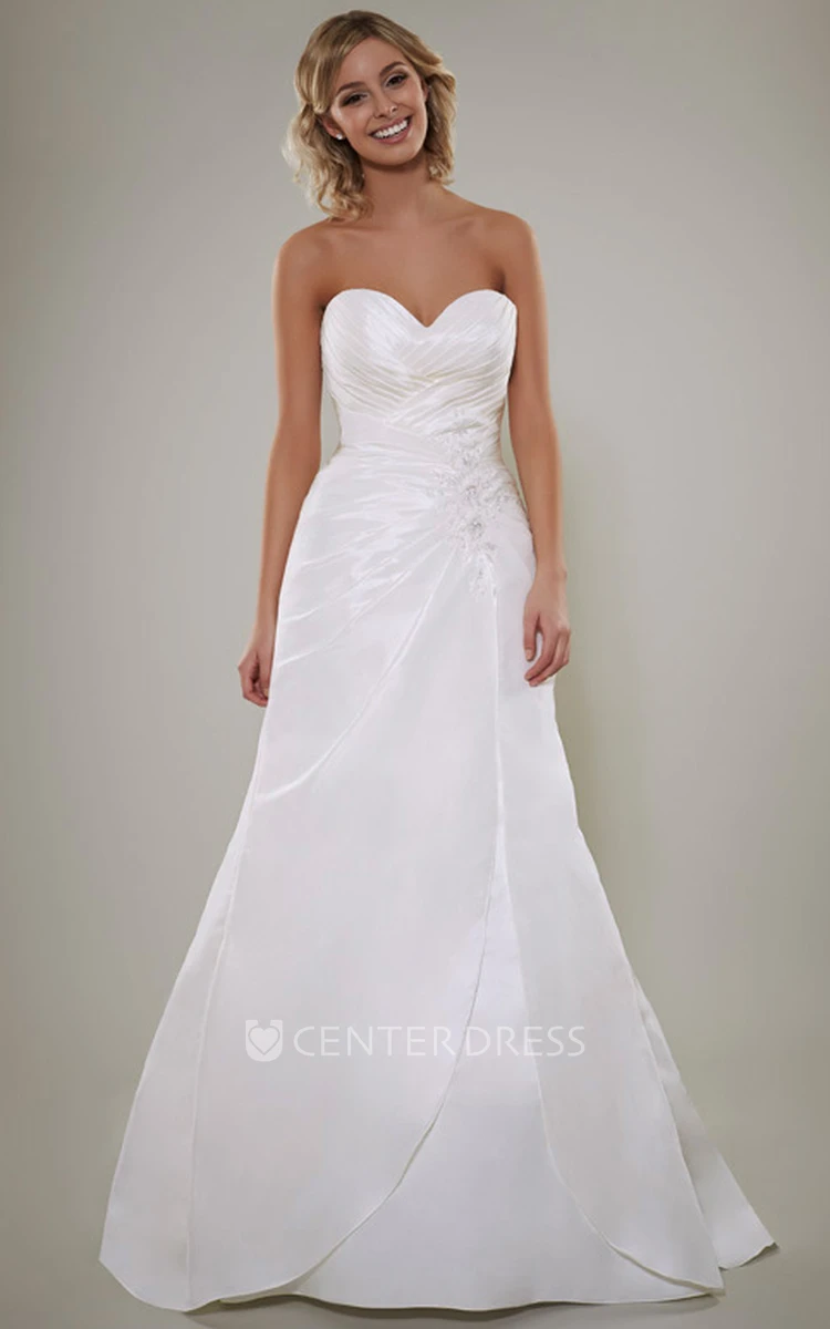 A-Line Short Sleeve Criss-Cross Sweetheart Satin Wedding Dress