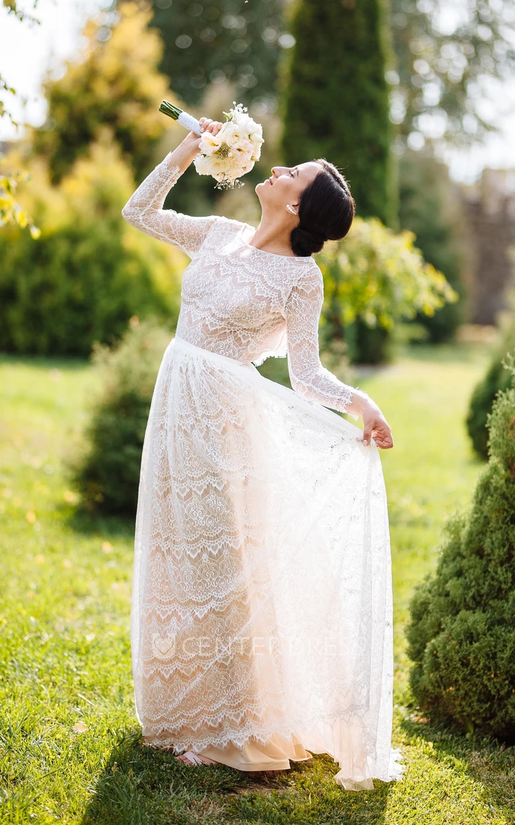 A-Line Lace Modest Wedding Dress With Illusion Sleeve And Open Back
