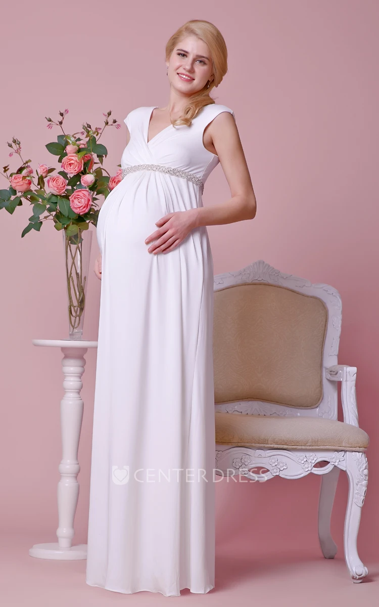 V-neck Cap-sleeve Jersey Maternity Wedding Dress With Beading