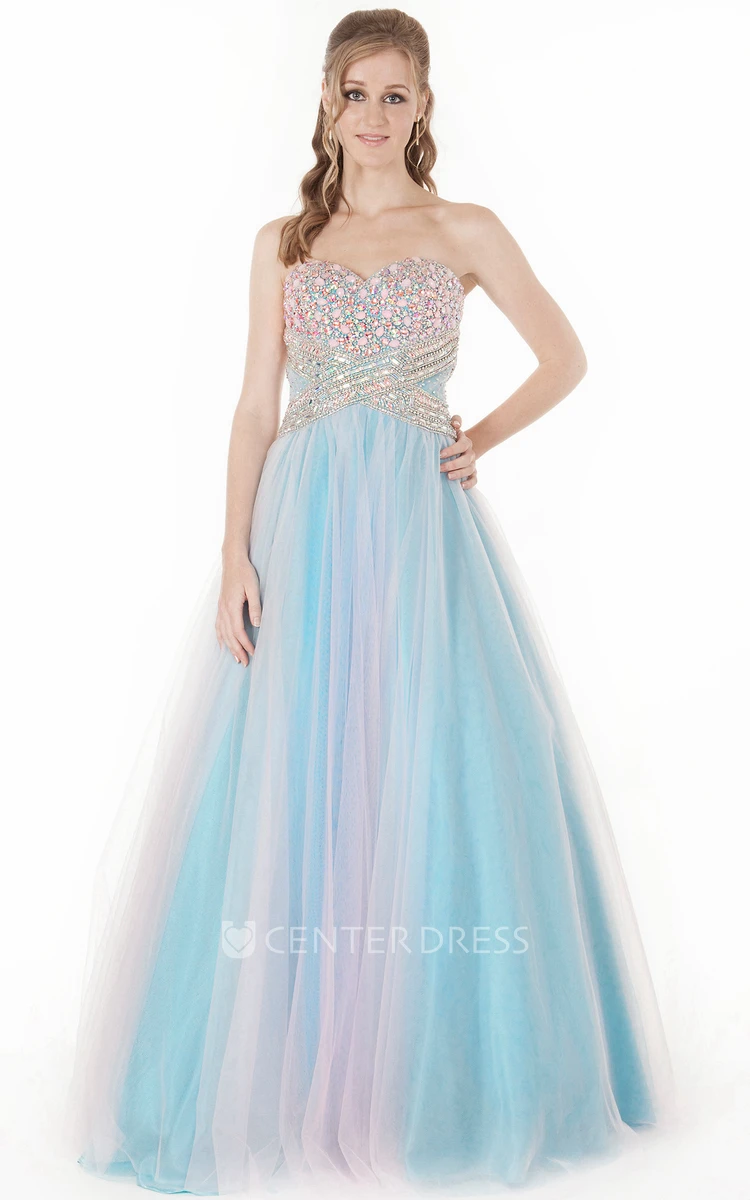 A-Line Sweetheart Crystal Sleeveless Long Tulle Prom Dress