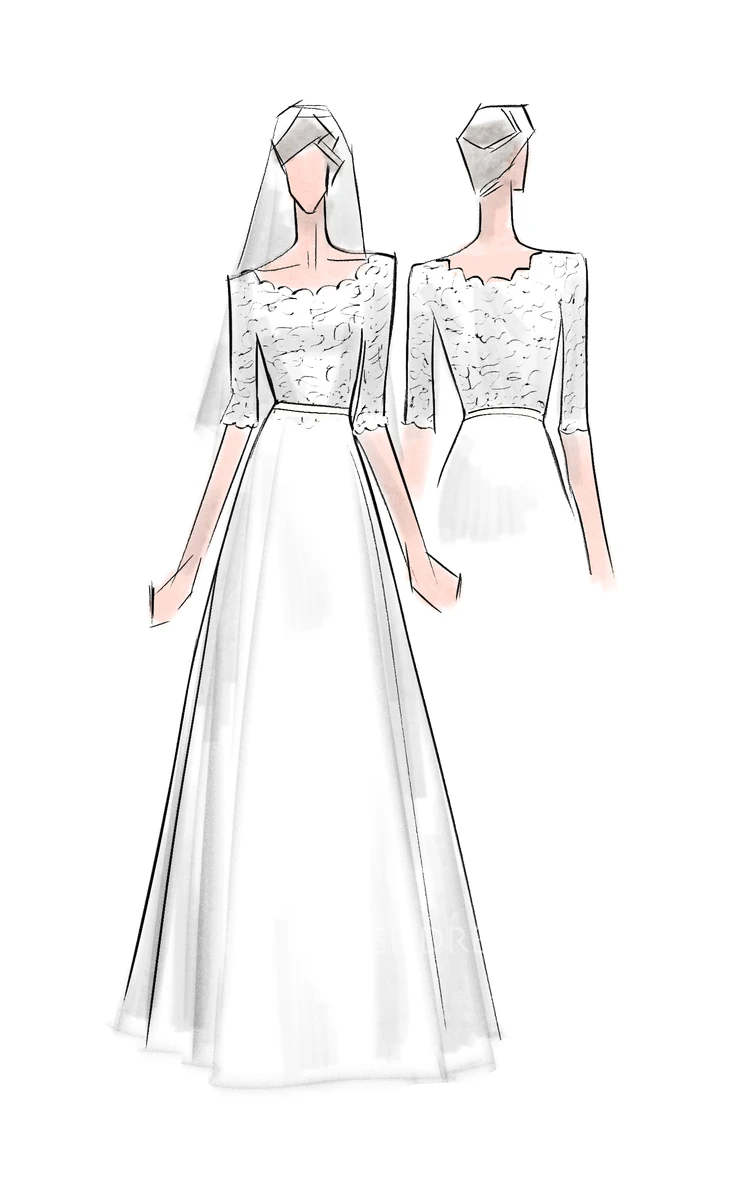 A Line Scalloped Chiffon Lace Zipper Wedding Gown