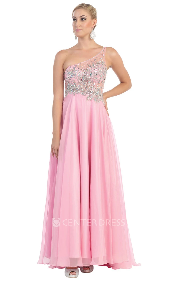 A-Line One-Shoulder Sleeveless Tulle Illusion Dress With Beading And Pleats