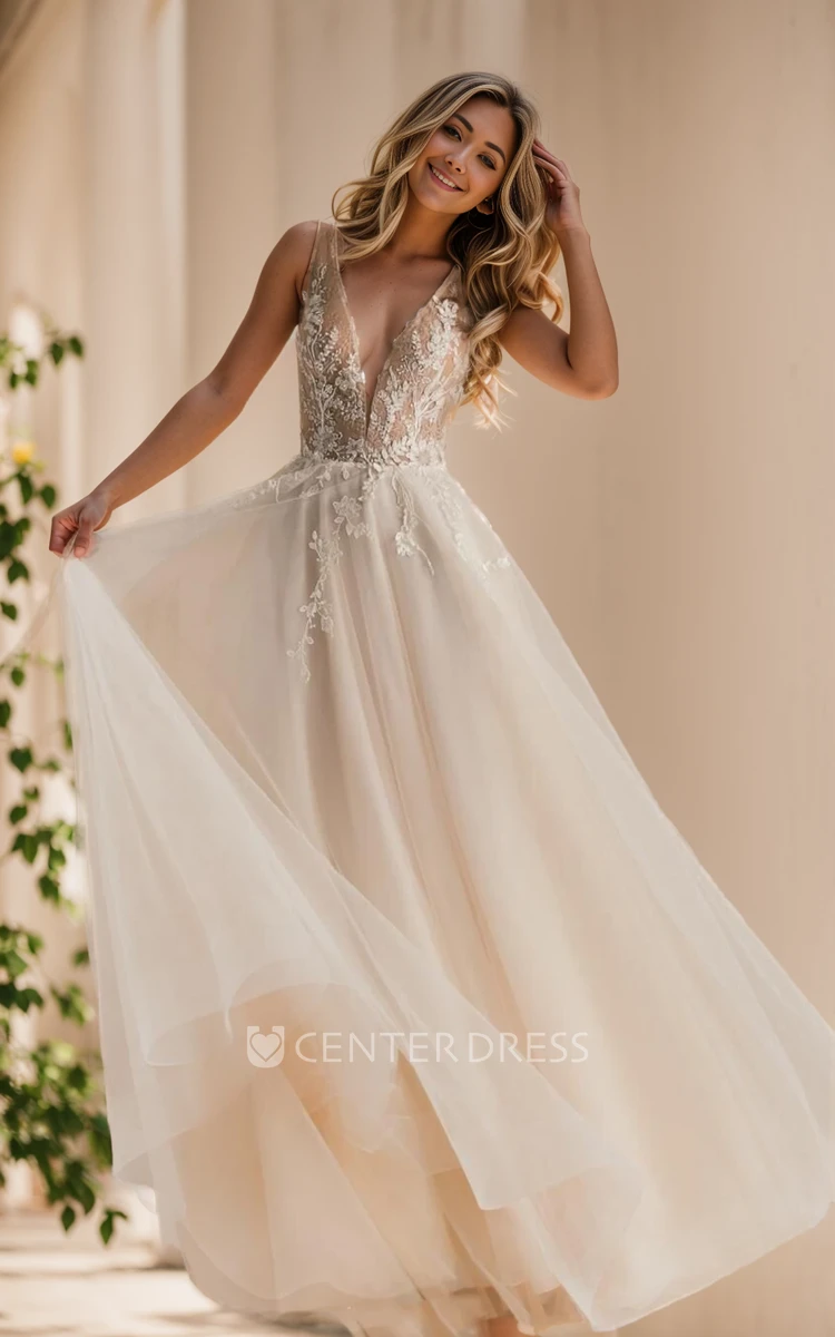 Summer Beach A-Line Boho V-Neck Sleeveless Wedding Dress Sexy Elegant Lace Tulle Appliques Floor Length Bridal Gown with Train