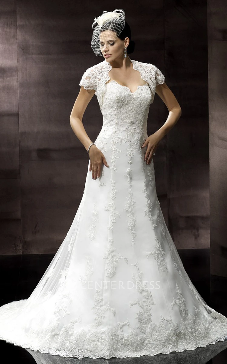 A-Line Appliqued Floor-Length Cap-Sleeve Lace Wedding Dress With Court Train