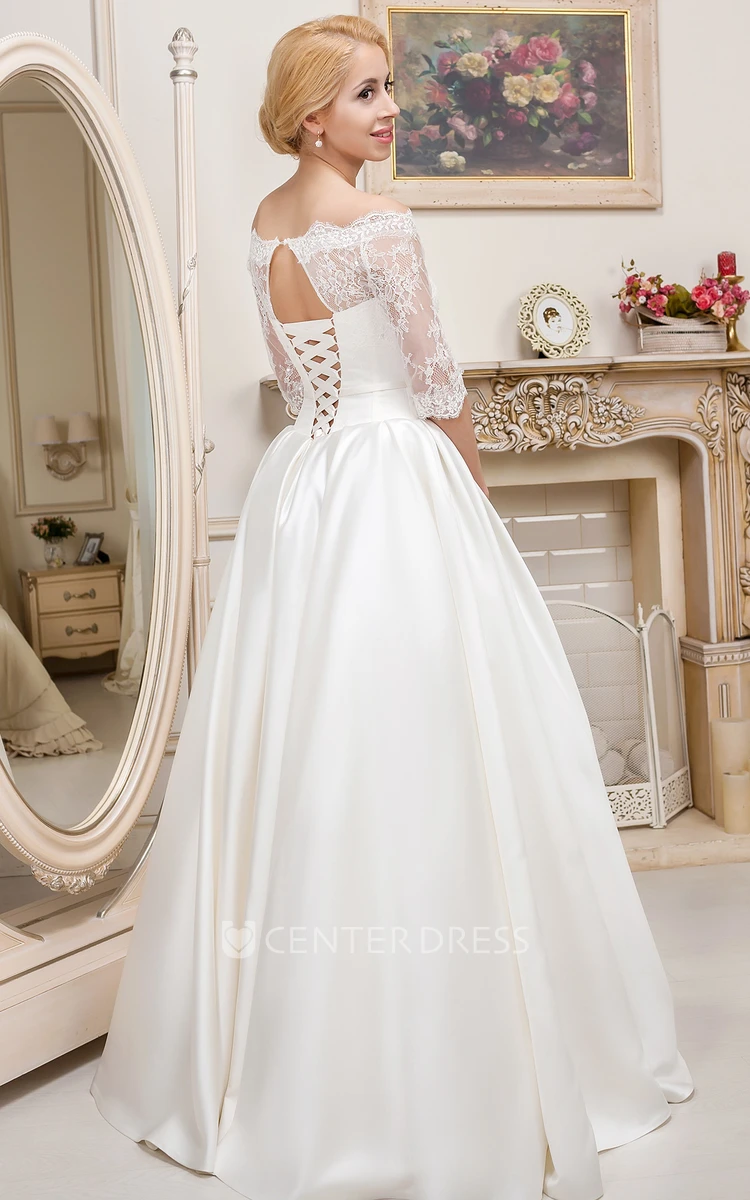 Off-The-Shoulder Floor-Length Half-Sleeve Lace Satin Wedding Dress