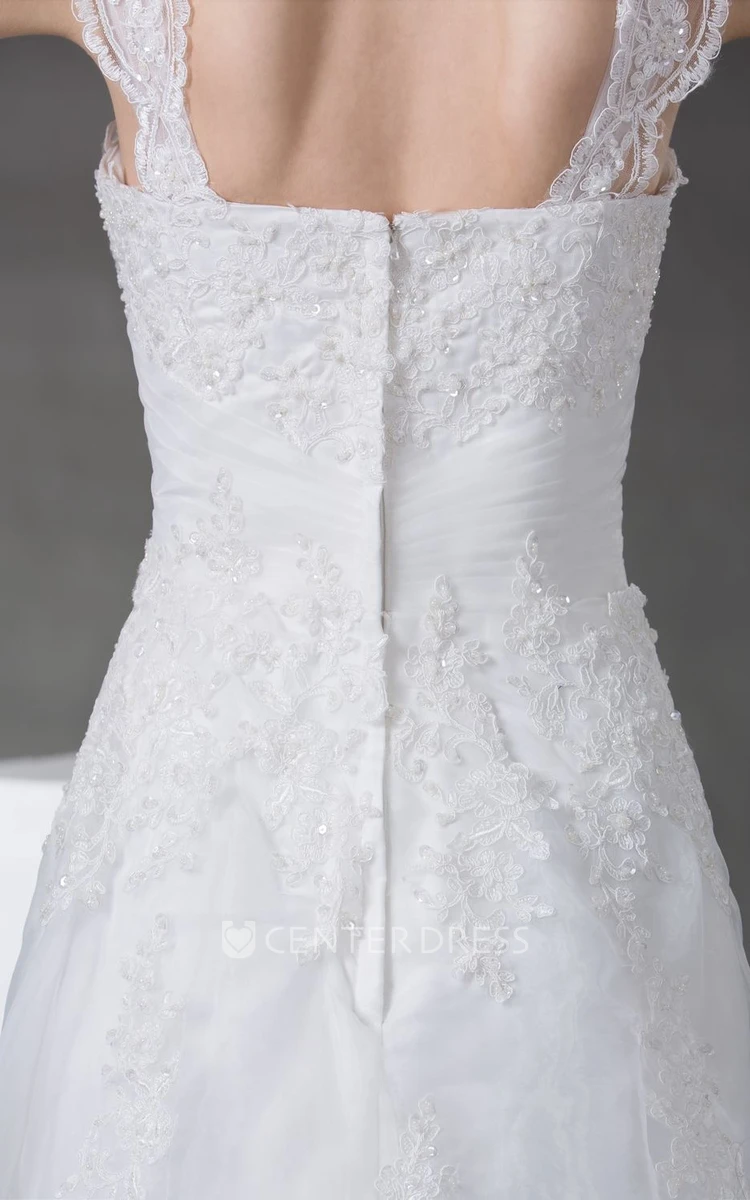 Straps Plunged Ruched A-Line Lace Wedding Dress With Appliques
