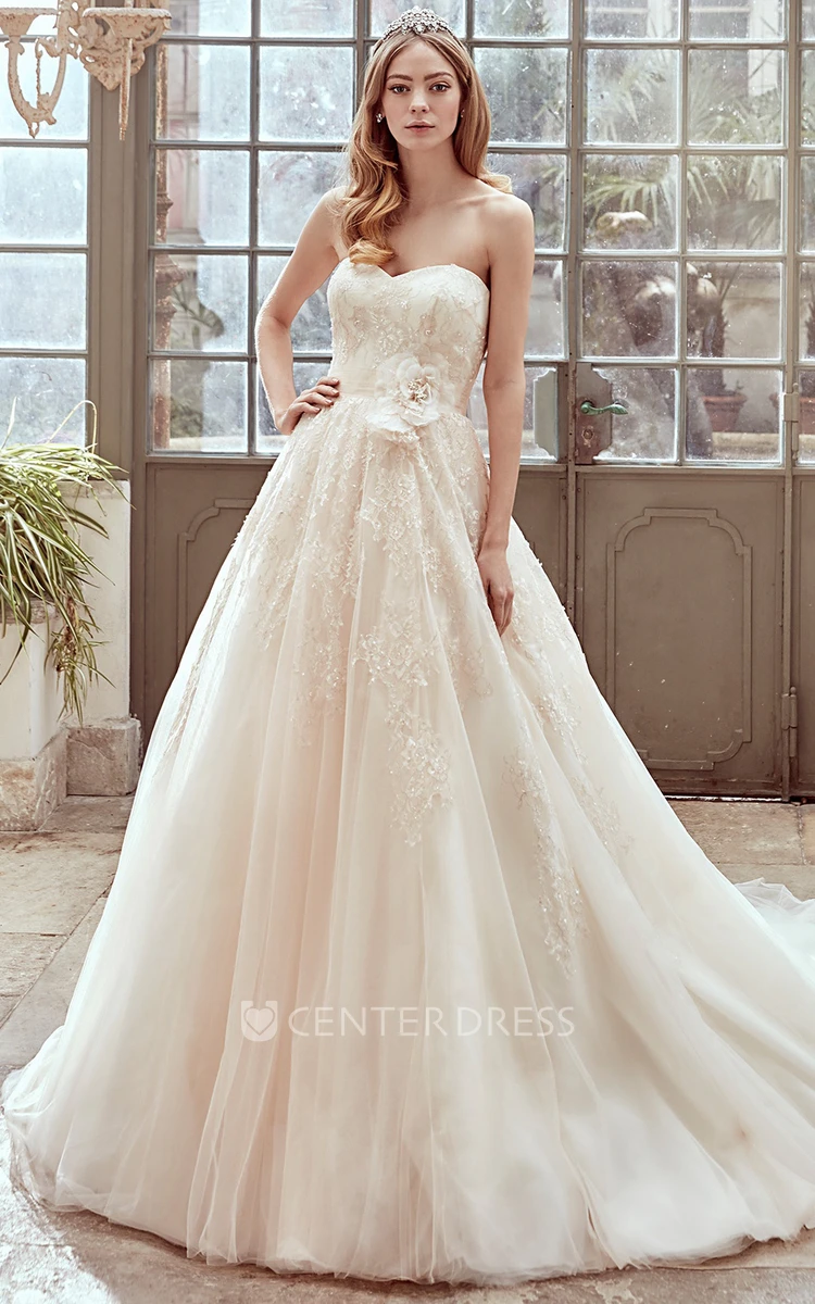 Sweetheart A-Line Gown With Side Floral Waist And Beaded Appliques