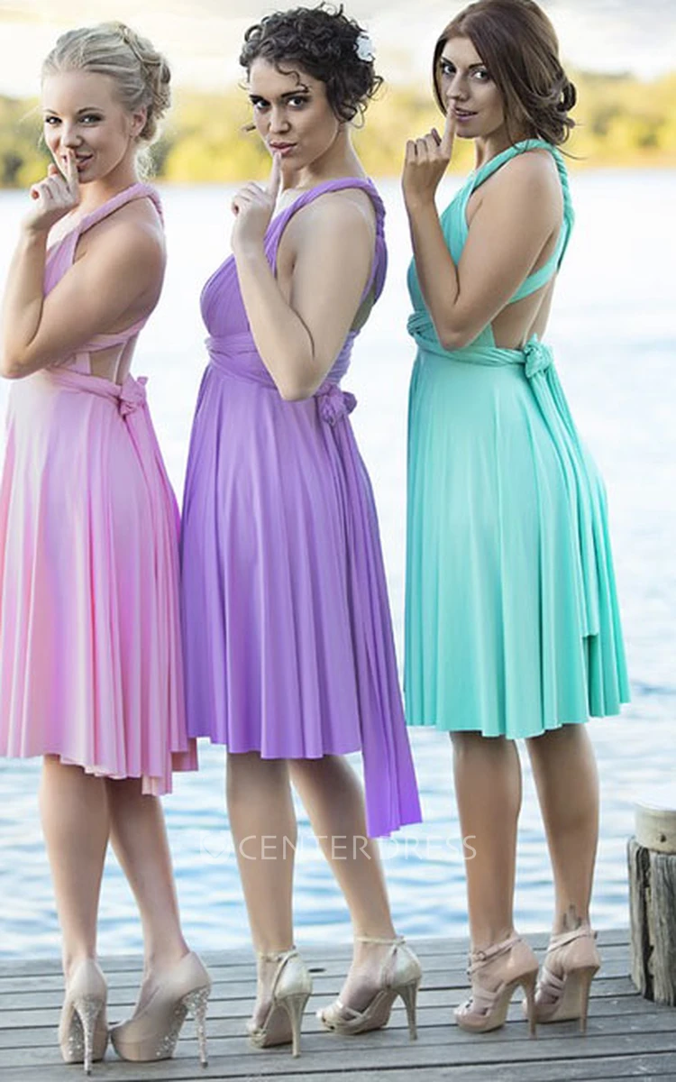 Knee-Length Halter Short Sleeve Ruched Chiffon Bridesmaid Dress With Straps