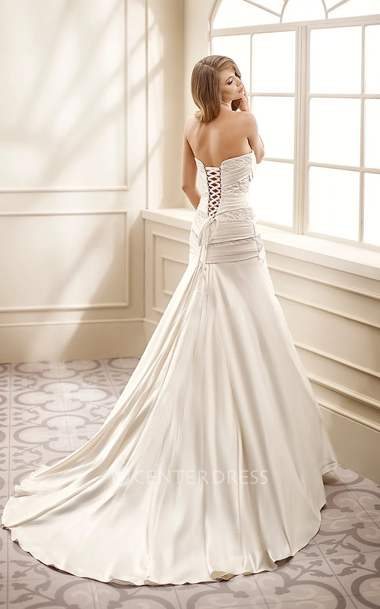 Sheath Sleeveless Floor-Length Strapless Side-Draped Satin Wedding Dress With Beading
