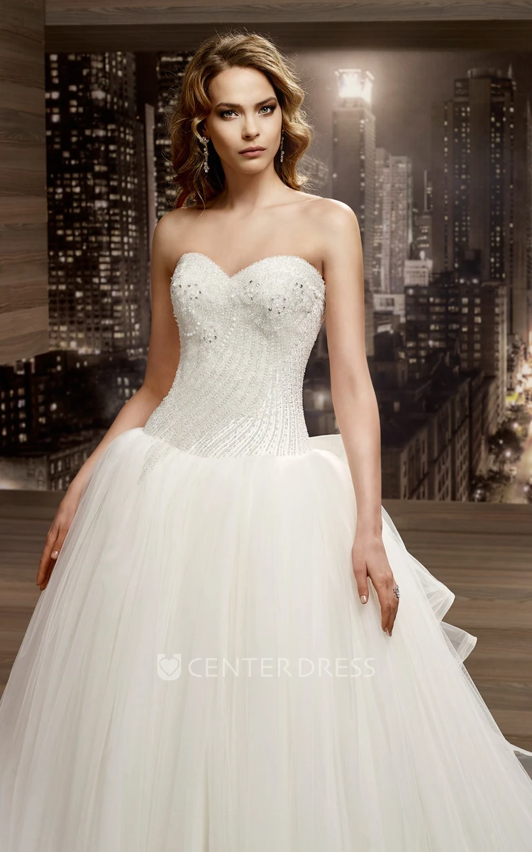 Sweetheart A-Line Bridal Gown With Beaded Corset And Back Ruffles Bow