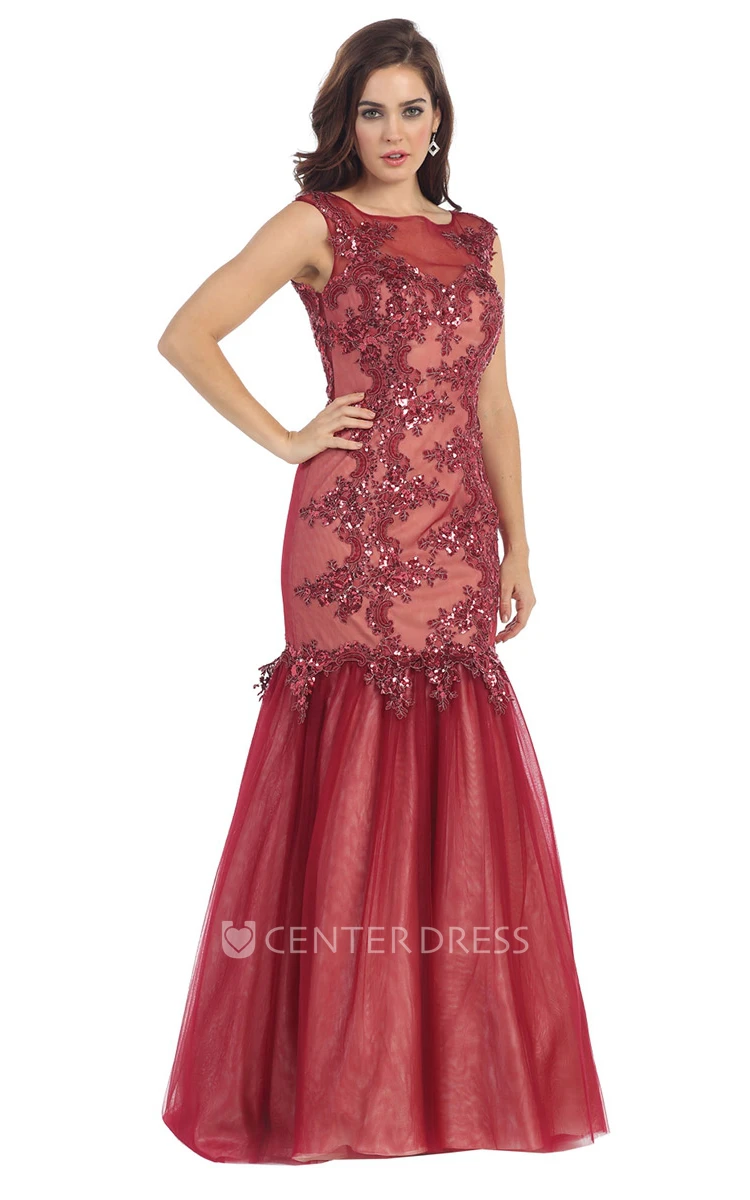 Trumpet Bateau Sleeveless Tulle Illusion Dress With Appliques And Sequins