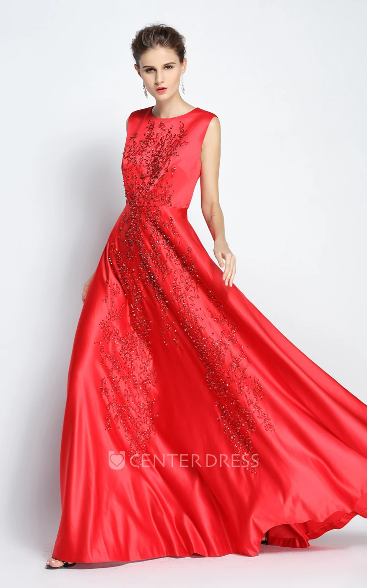 Floor-length Sleeveless A-Line Jewel Satin Prom Dress with Beading