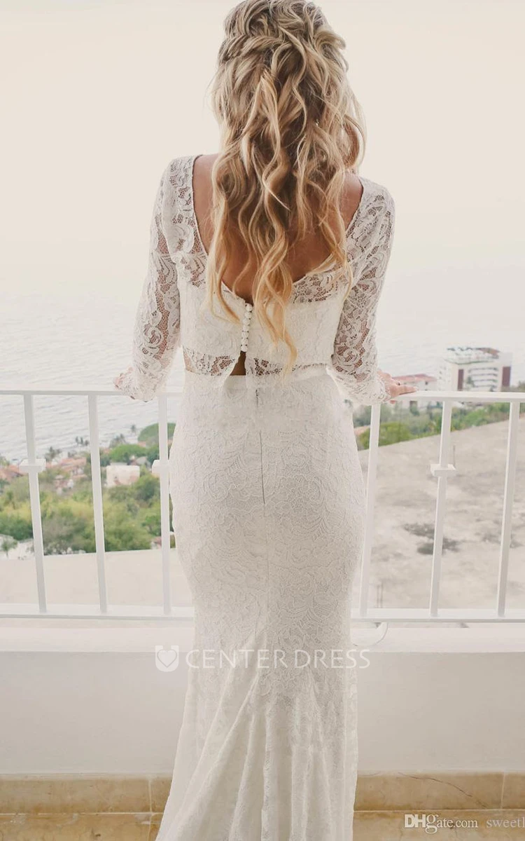 Bohemian Beautiful Bateau Lace Floor-length Long Sleeve Two Piece Wedding Dress