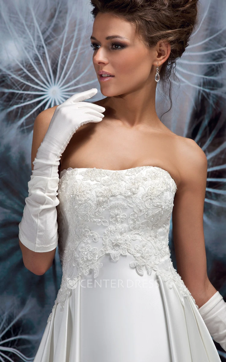 A-Line Maxi Empire Strapless Appliqued Sleeveless Satin Wedding Dress With Pleats And Flower