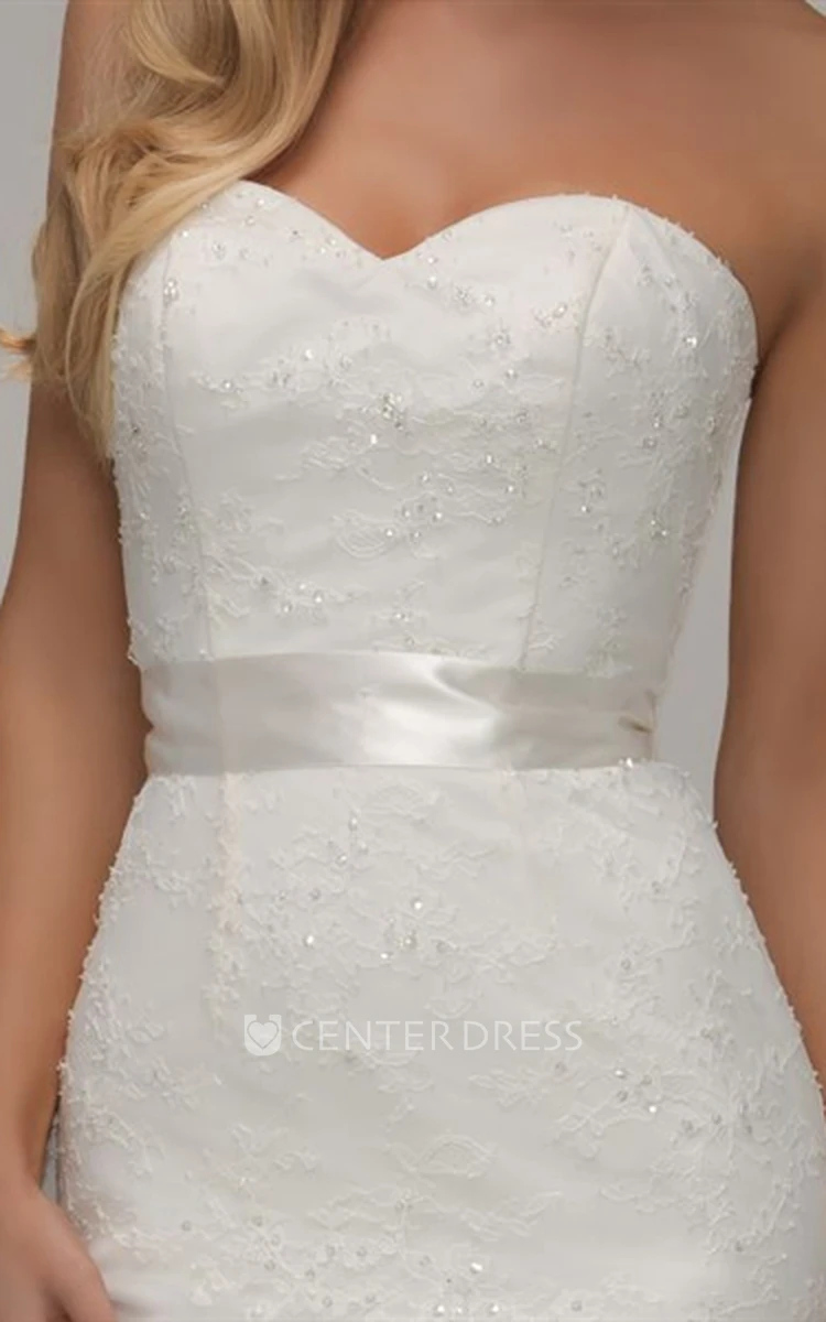 Long Sweetheart Beaded Lace Wedding Dress With Sweep Train And Corset Back