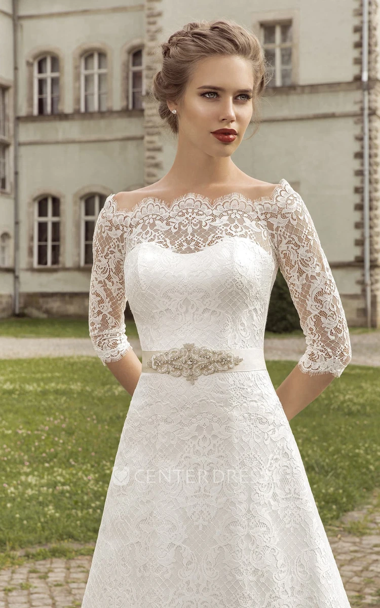 Scalloped Neckline Half Sleeve Floor-length A-line Lace-up Dress With Crystal Detailing