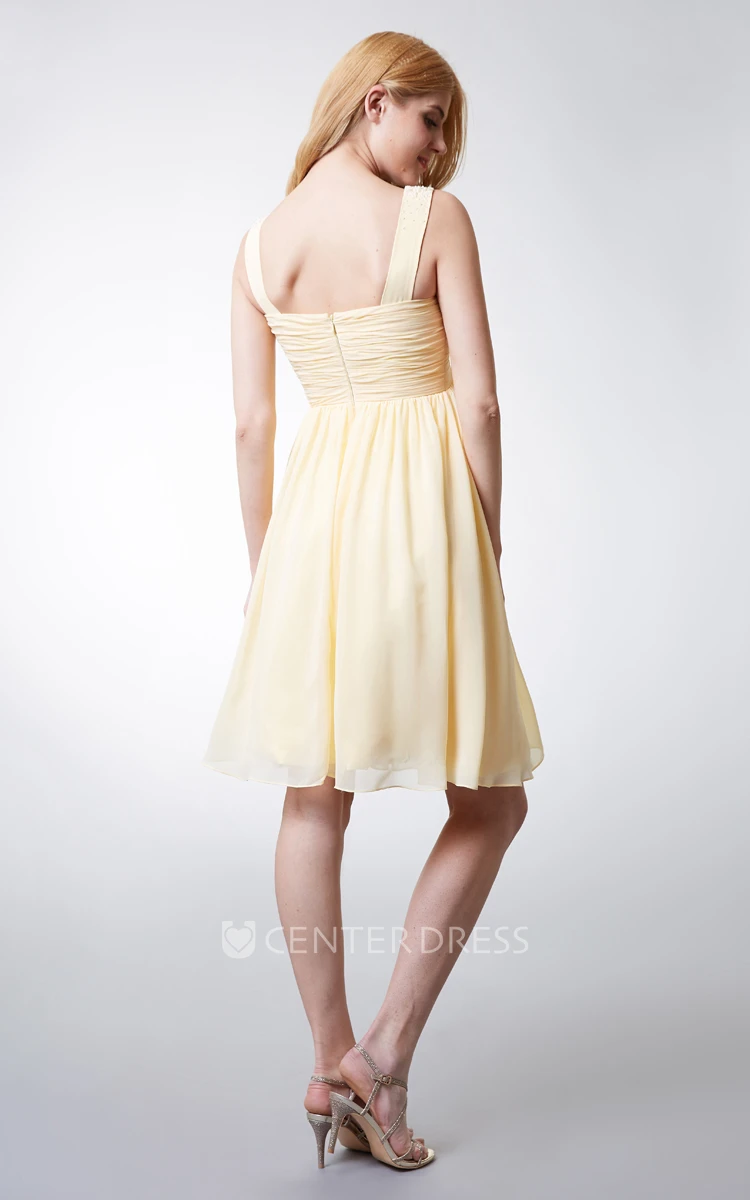 V-Neckline Empire Chiffon Knee-length Dress With Pleats