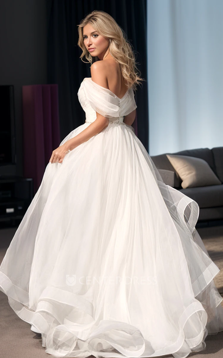 Formal Simple A-Line Off-the-Shoulder Dropped Short Sleeve Wedding Dress Modern Tall City Hall Bridal Gown with Train