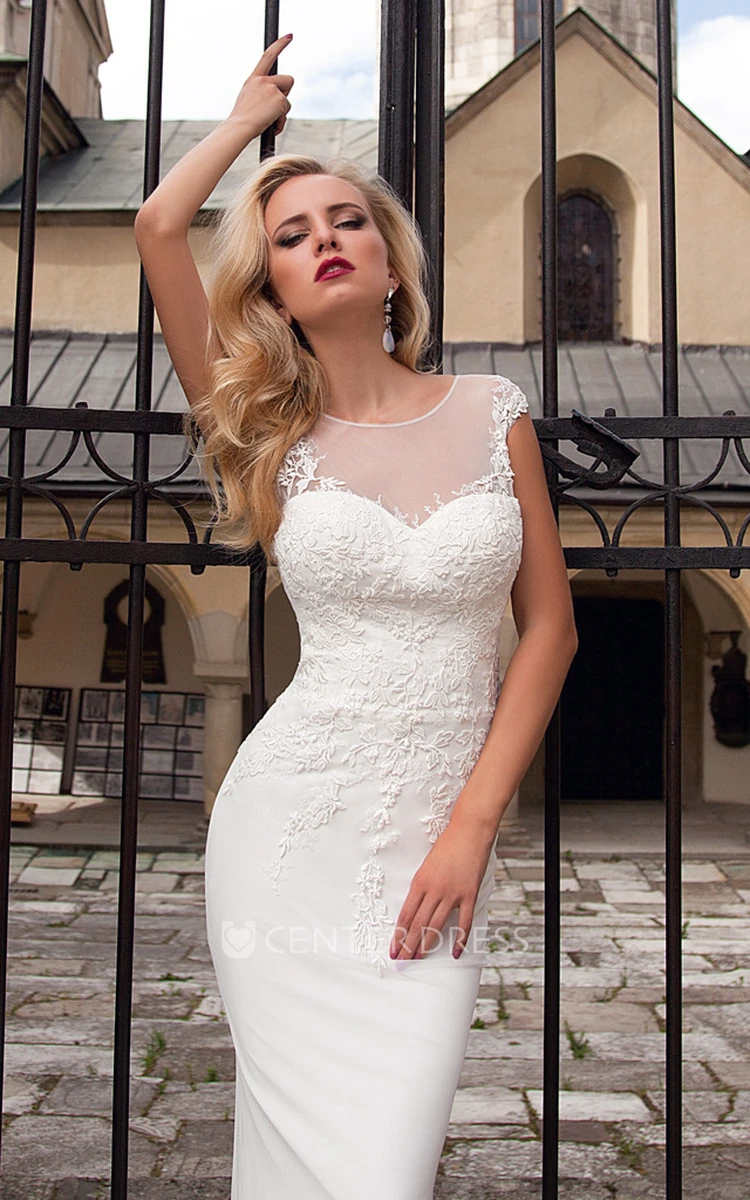 Pencil Cap-Sleeve Floor-Length Scoop Appliqued Jersey Wedding Dress With Illusion Back And Sweep Train