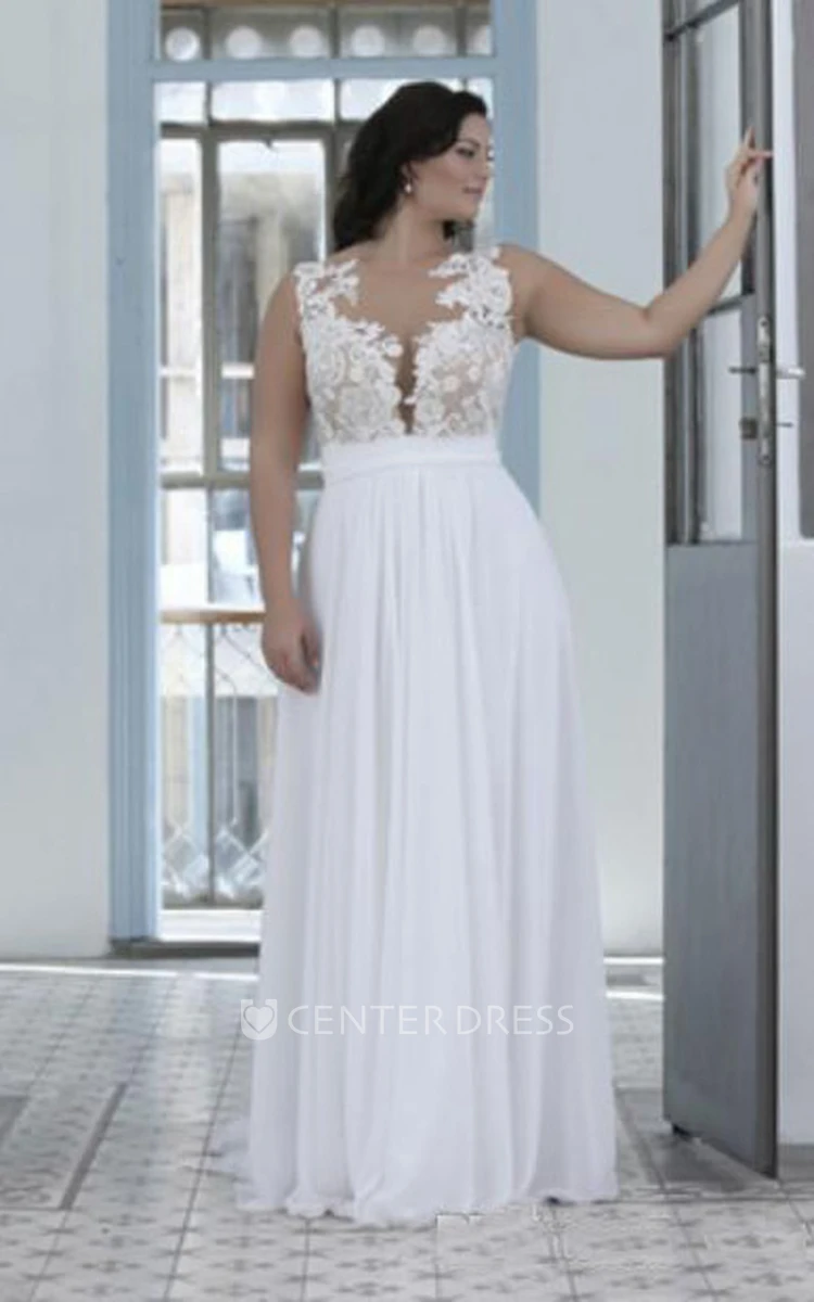 A Line Jewel Chiffon Lace Zipper Low-V Back Wedding Gown