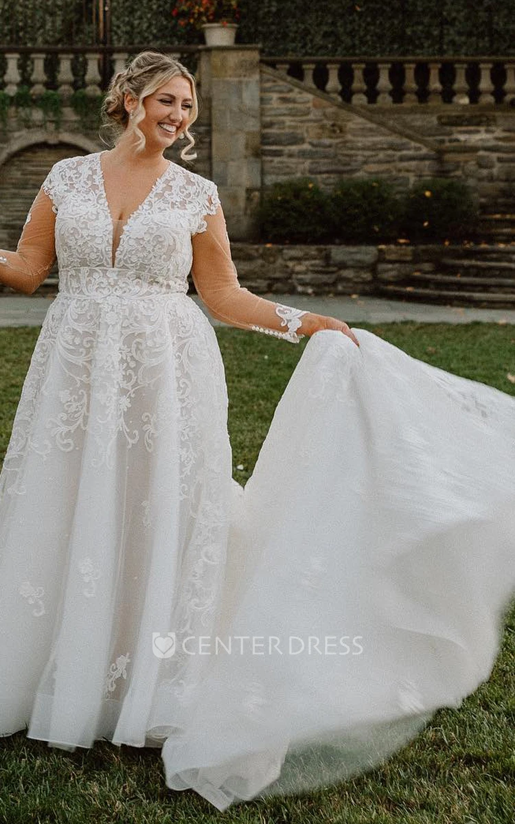 Elegant A-Line Plus Size Wedding Dress Illusion Long Sleeve Lace Petals Gown with Sweep Train