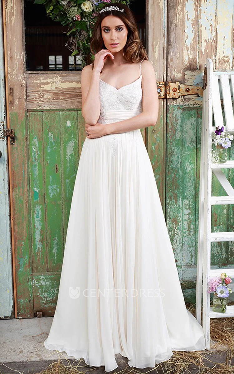Pleated Spaghetti Long Chiffon Wedding Dress With Appliques And Corset Back