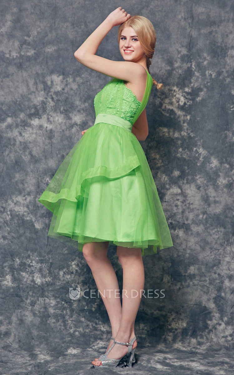 One Shoulder Tiered Short Tulle Dress With Appliques