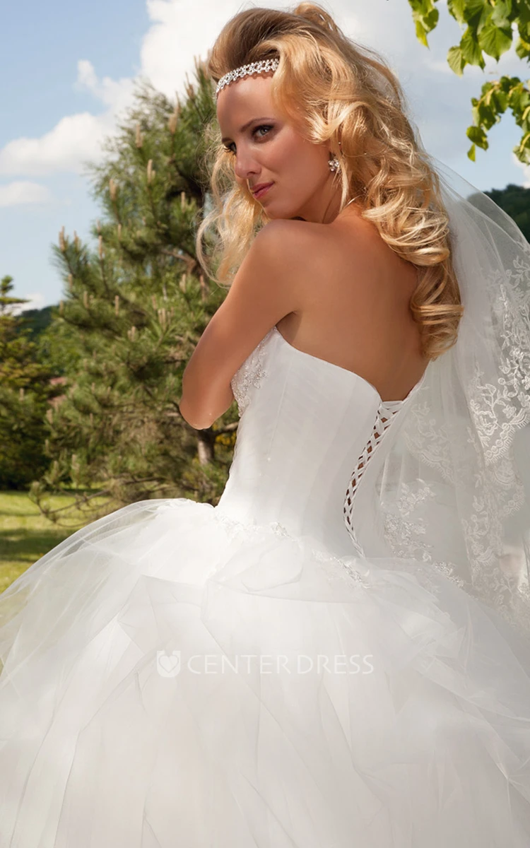 Long Sweetheart Beaded Ruffled Tulle Wedding Dress With Court Train And Corset Back