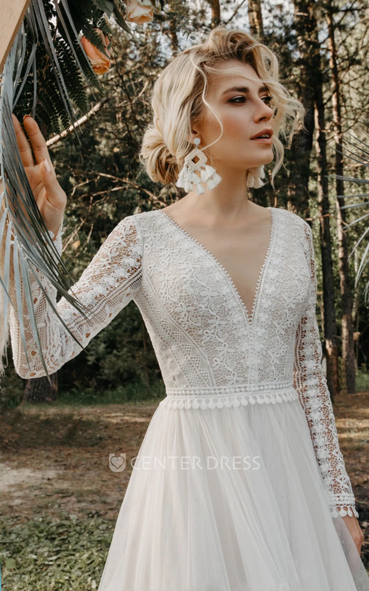 Bohemian V-neck A-Line Tulle Wedding Dress With Illusion Long Sleeves And Open Back 